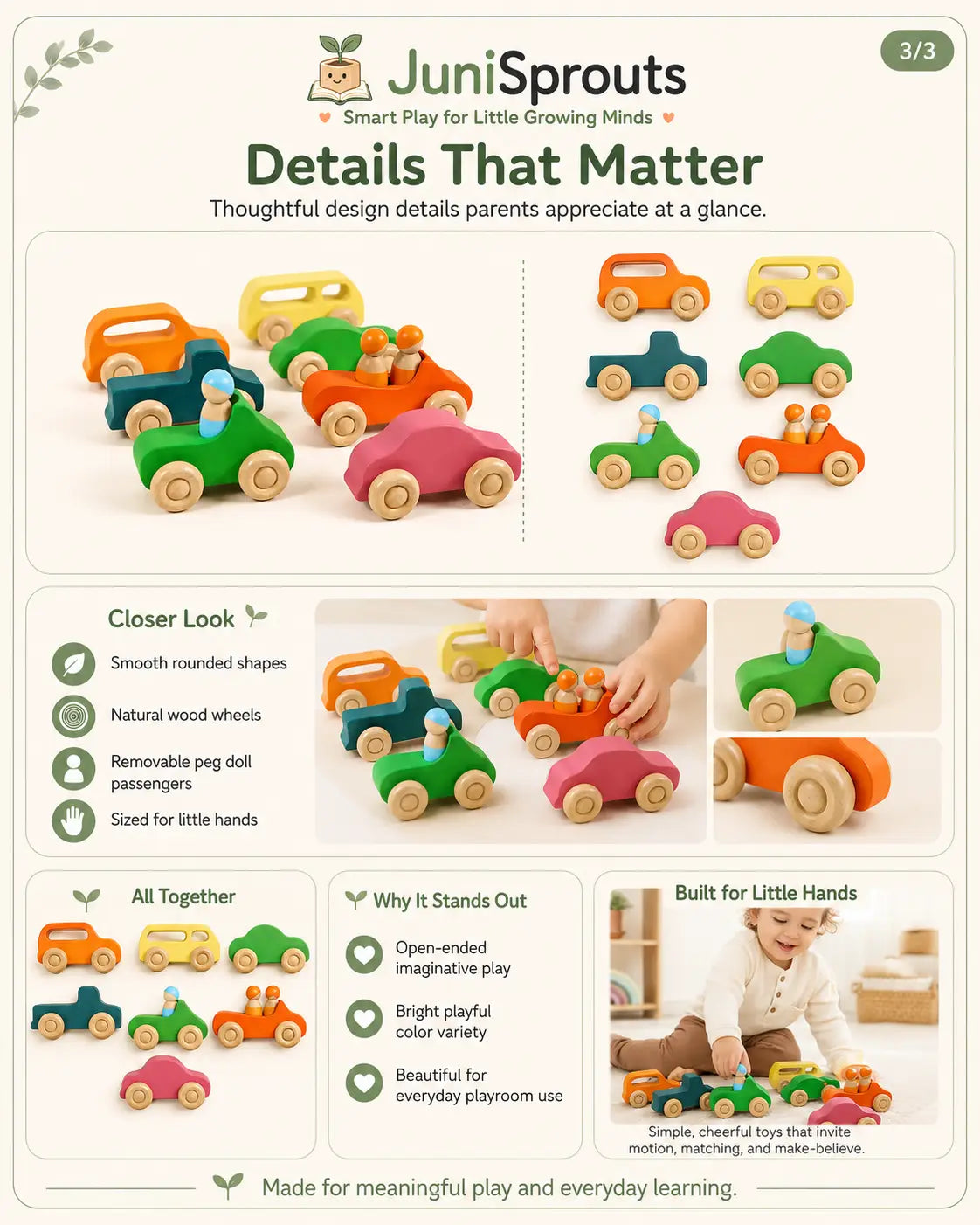 Close-up details of the wooden rainbow car set — solid wood build, painted finish, free-rolling wheels and peg doll seats, with care and age guidance.