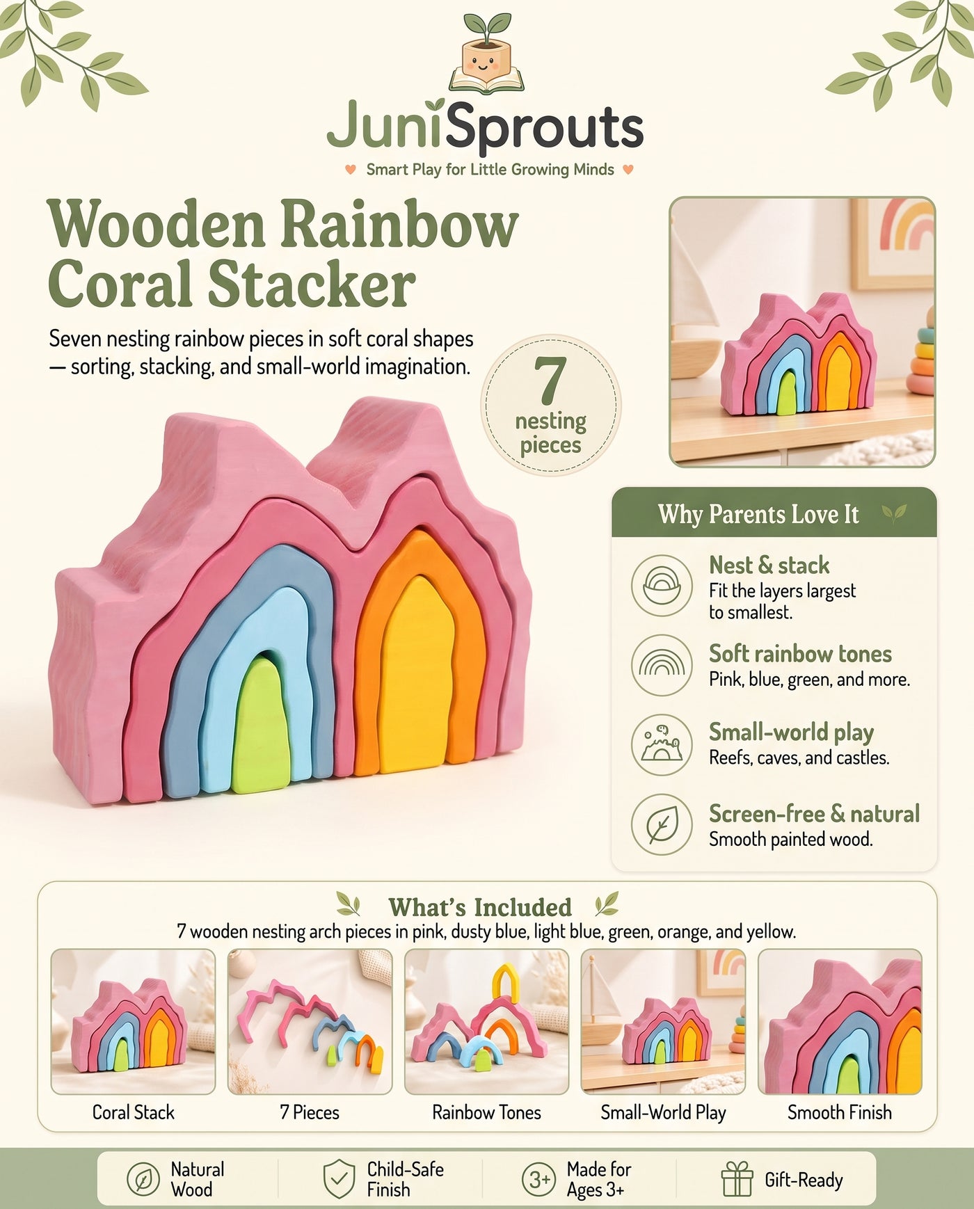 Wooden Rainbow Coral Stacker overview and what's included