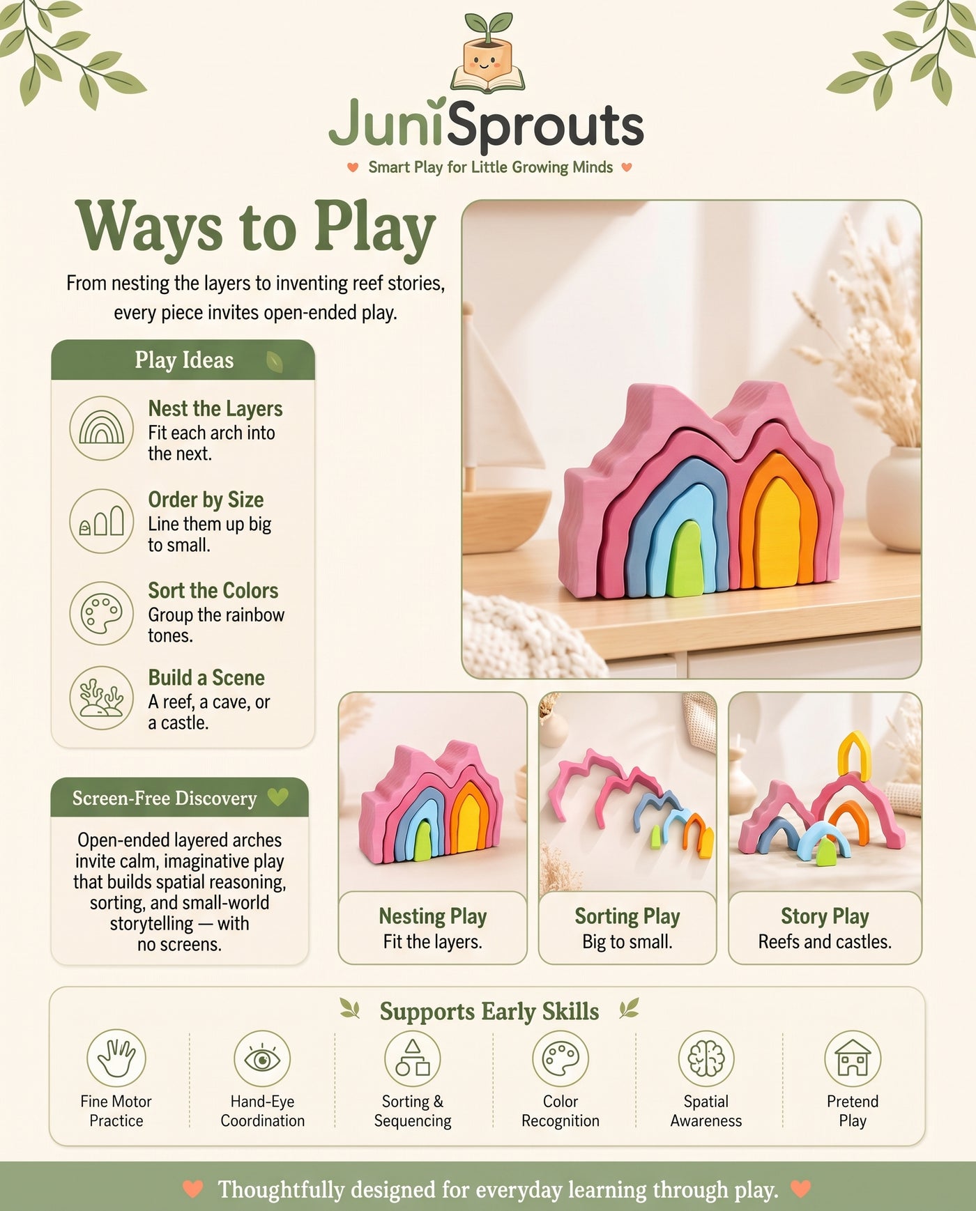 Wooden Rainbow Coral Stacker ways to play and early skills