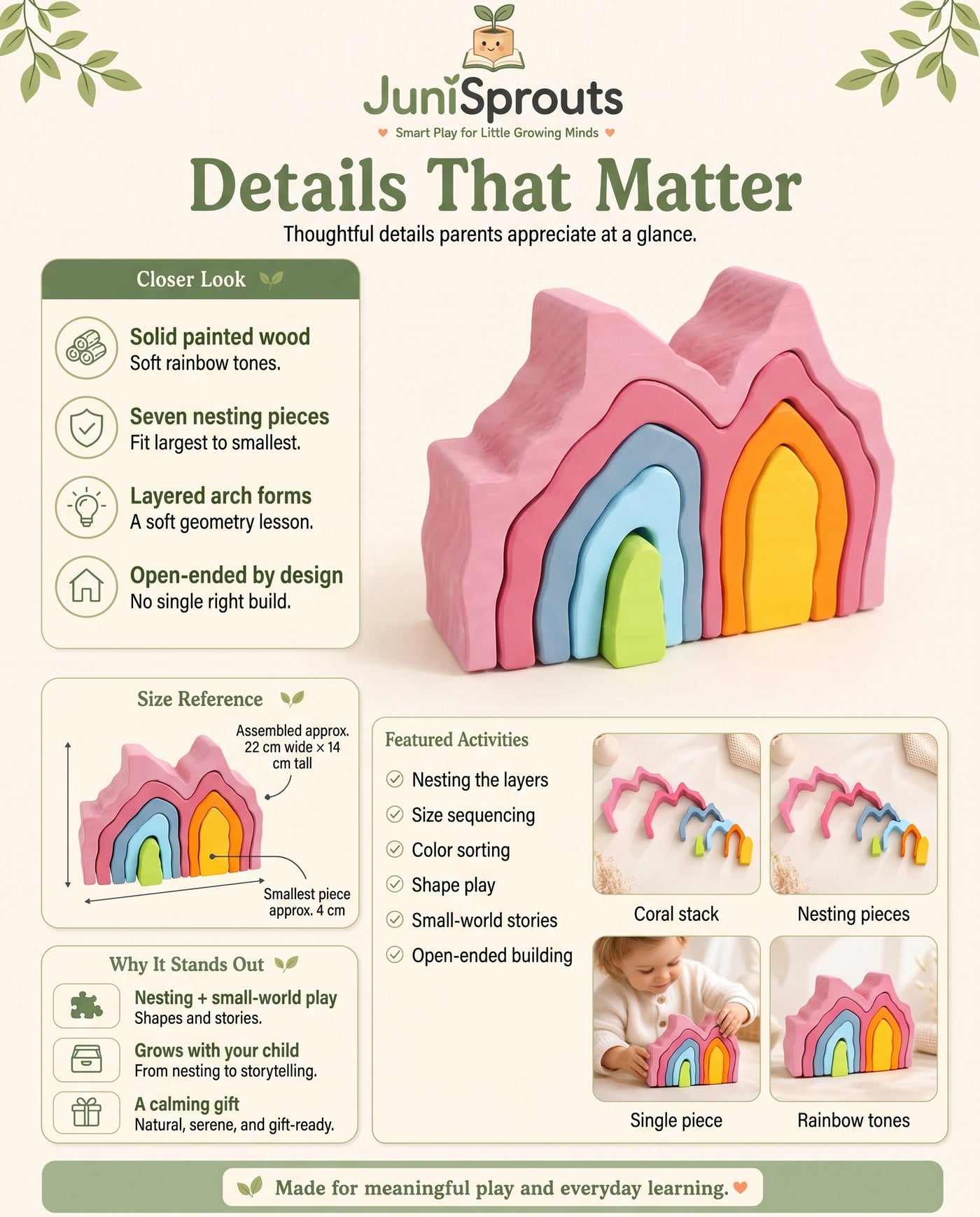 Wooden Rainbow Coral Stacker details and size reference