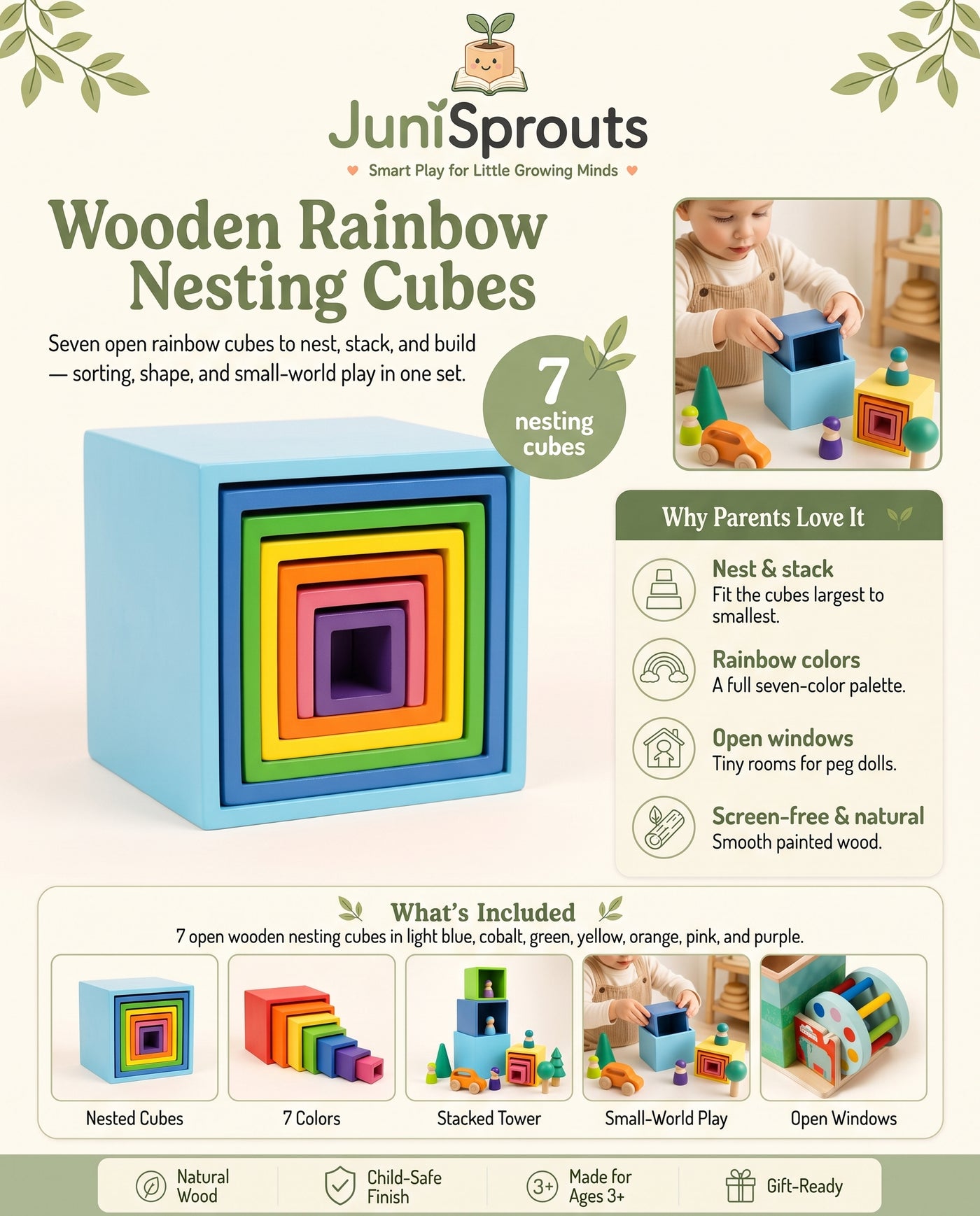 Wooden Rainbow Nesting Cubes overview and what's included