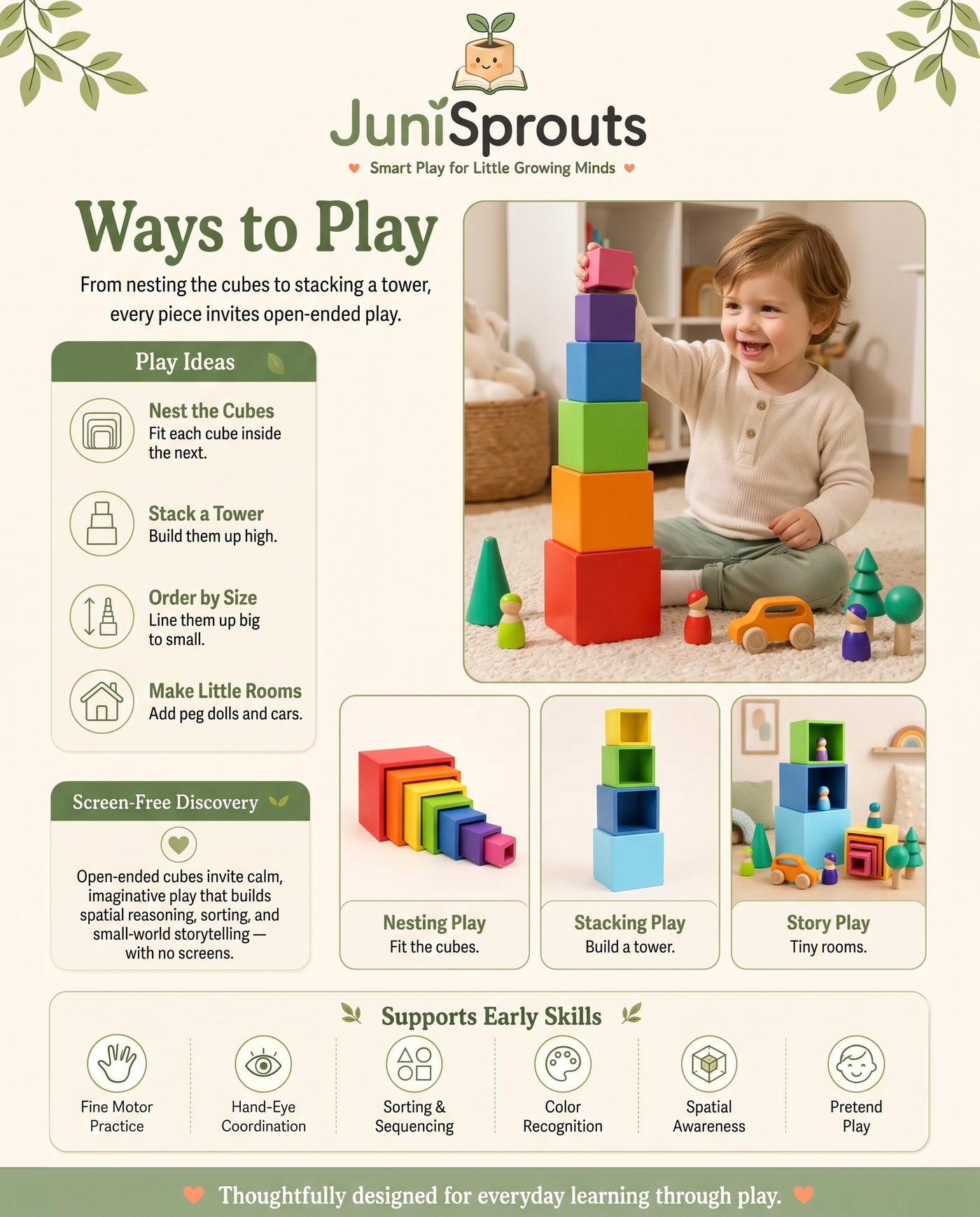 Wooden Rainbow Nesting Cubes ways to play and early skills