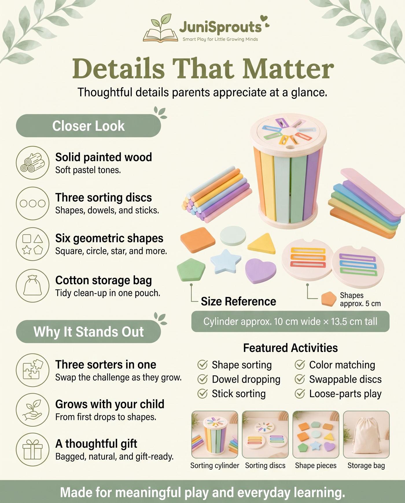 Wooden Rainbow Sorting Cylinder details and size reference