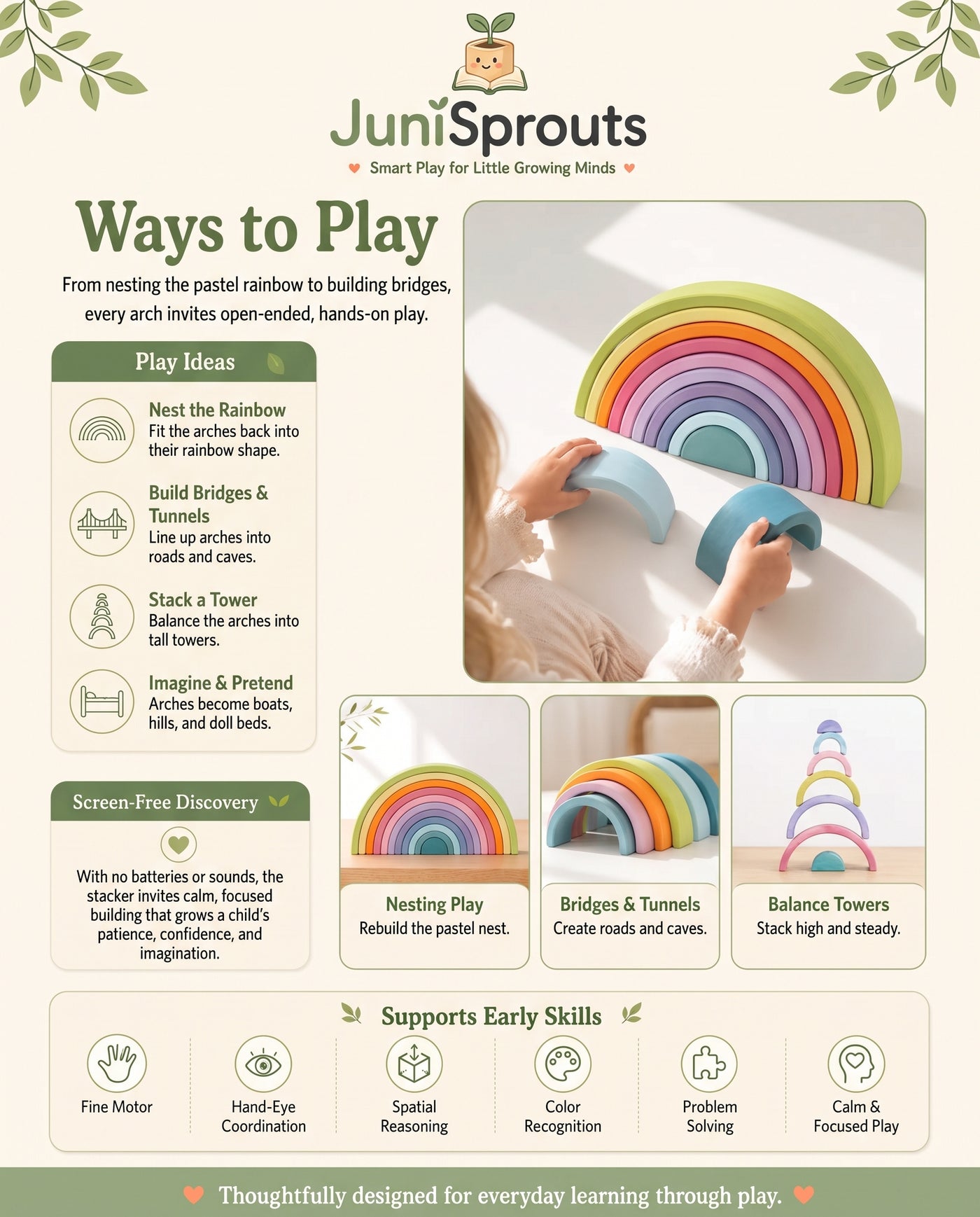 Macaron Wooden Rainbow Stacker ways to play and early skills