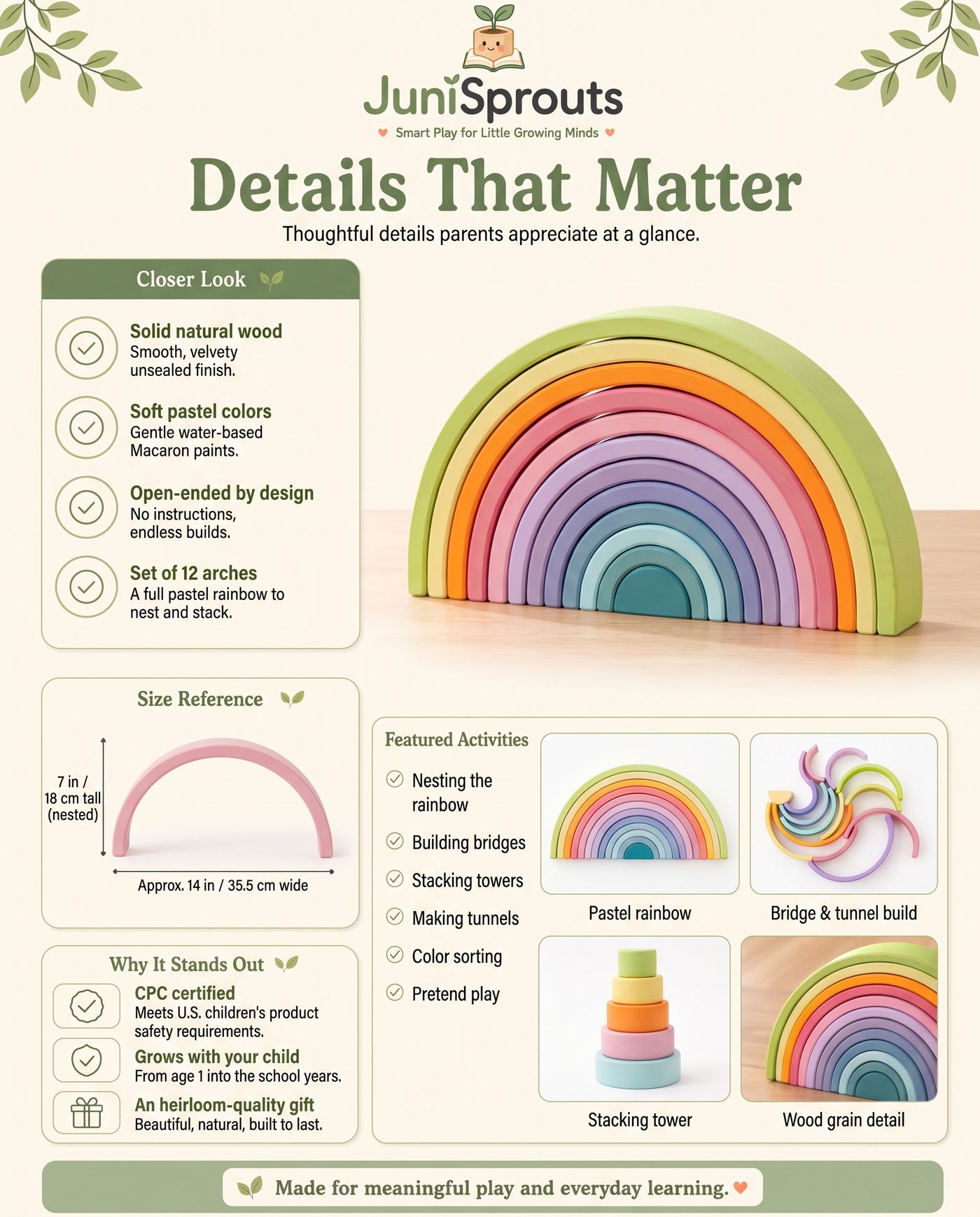 Macaron Wooden Rainbow Stacker details, size reference and featured activities