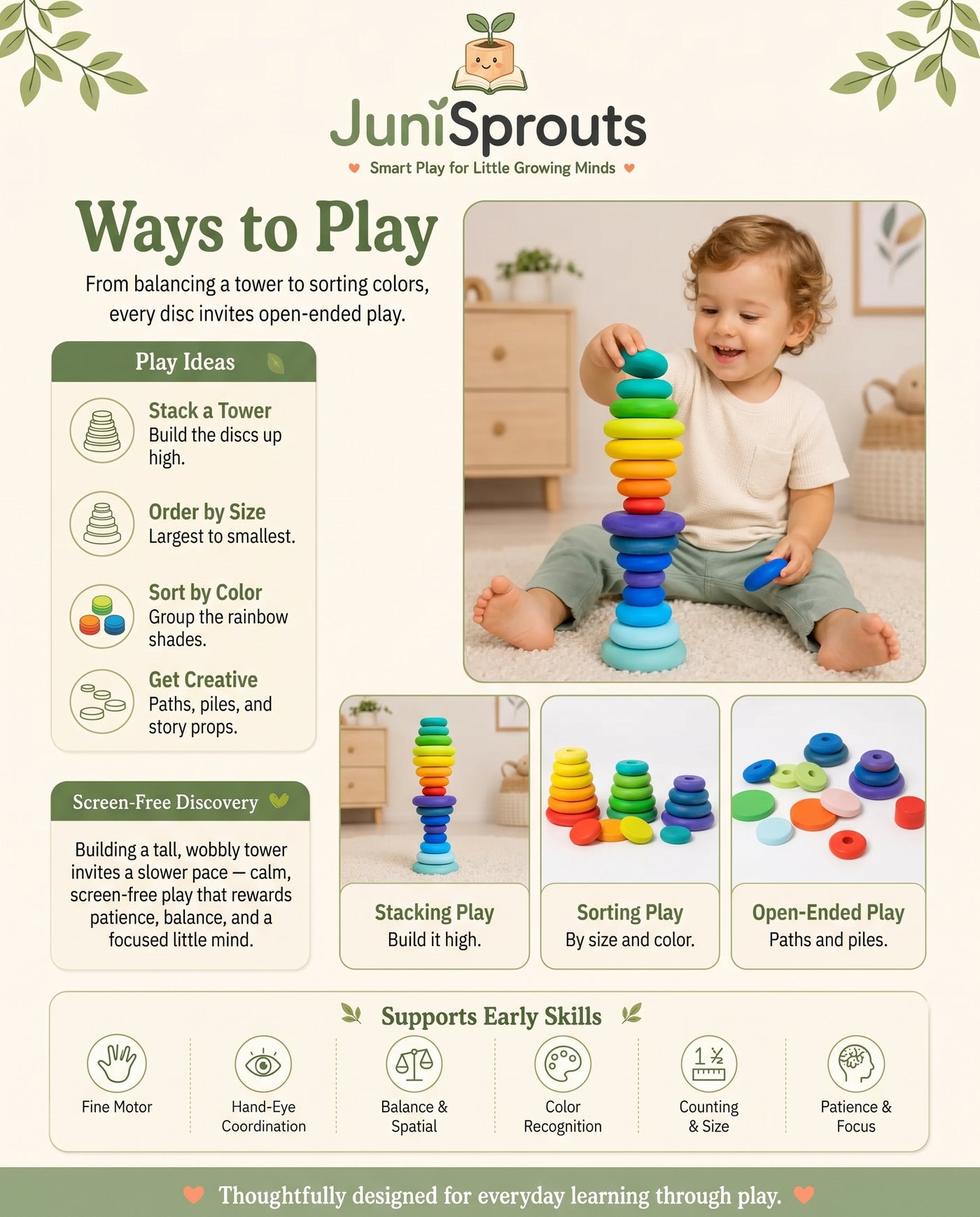Wooden Rainbow Stacking Discs Set ways to play and early skills
