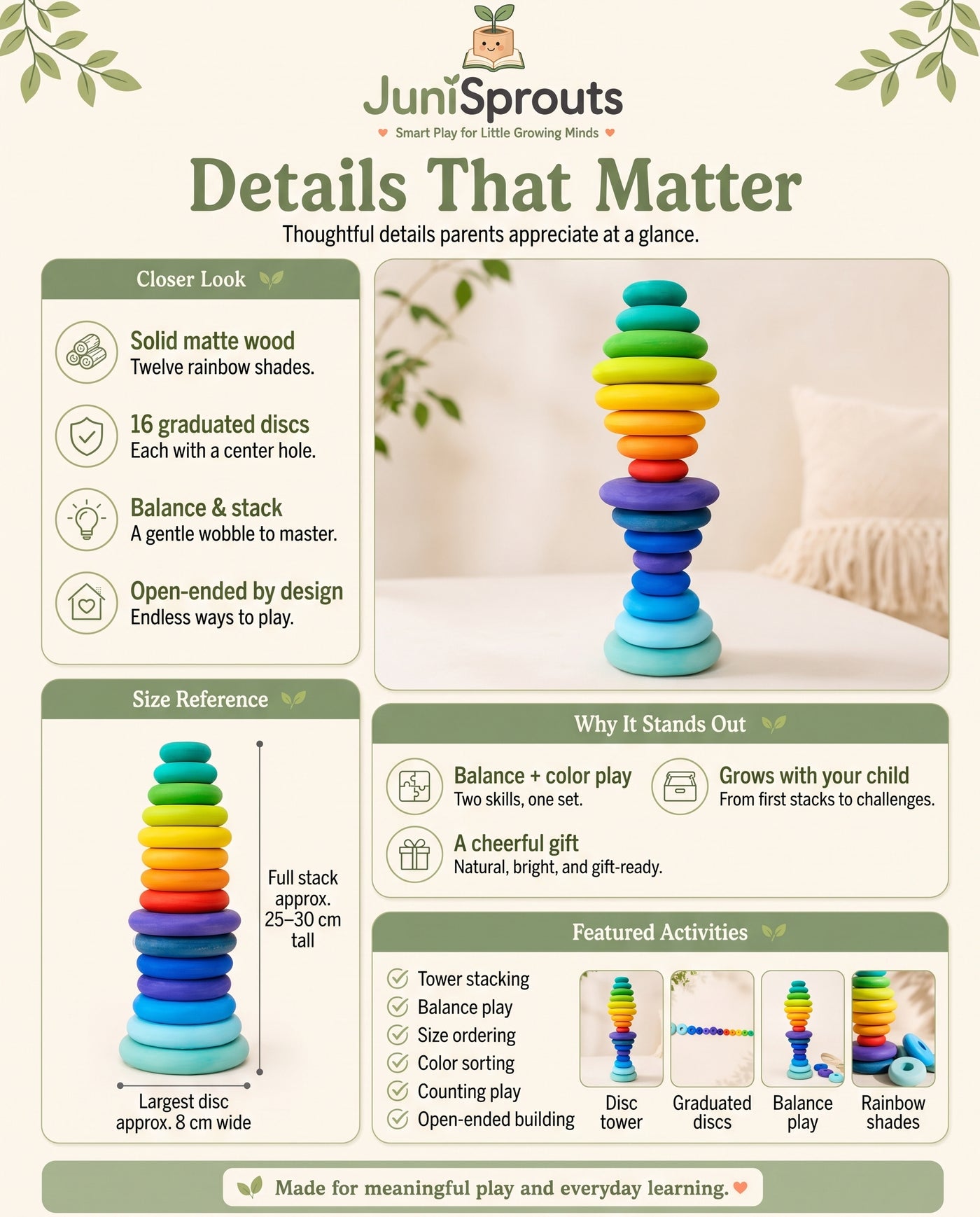 Wooden Rainbow Stacking Discs Set details and size reference