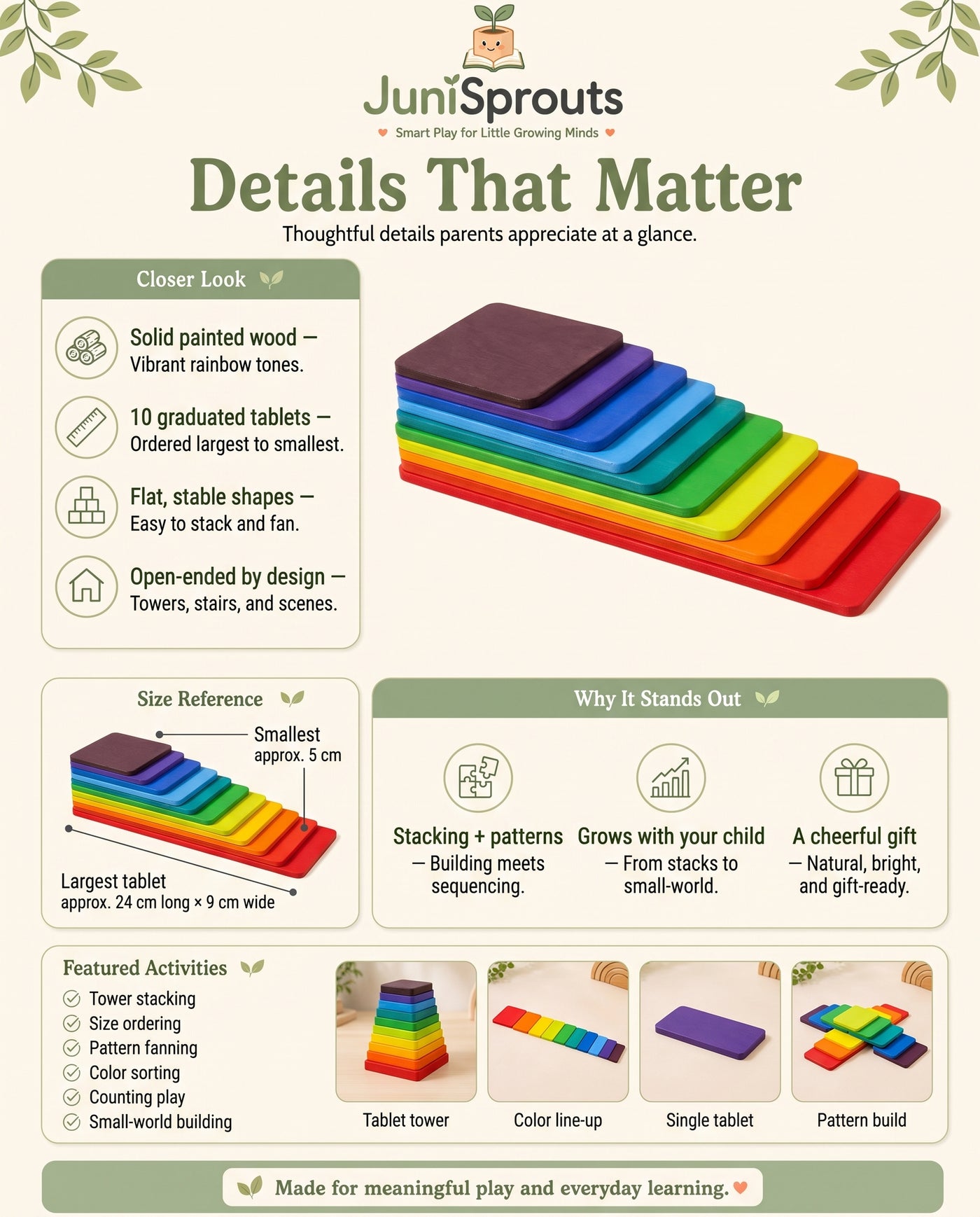 Wooden Rainbow Stacking Tablets details and size reference