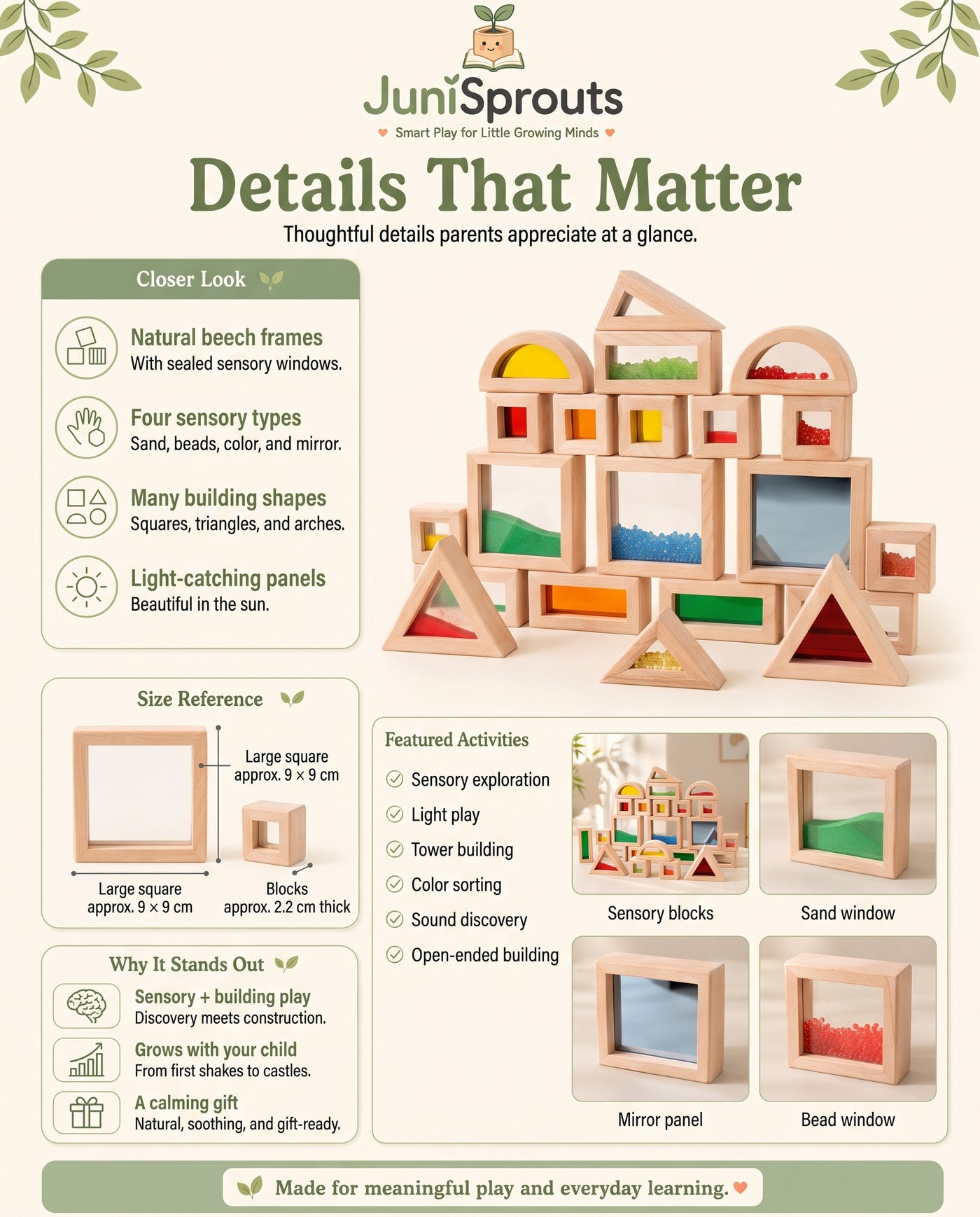 Wooden Sensory Blocks Set details and size reference