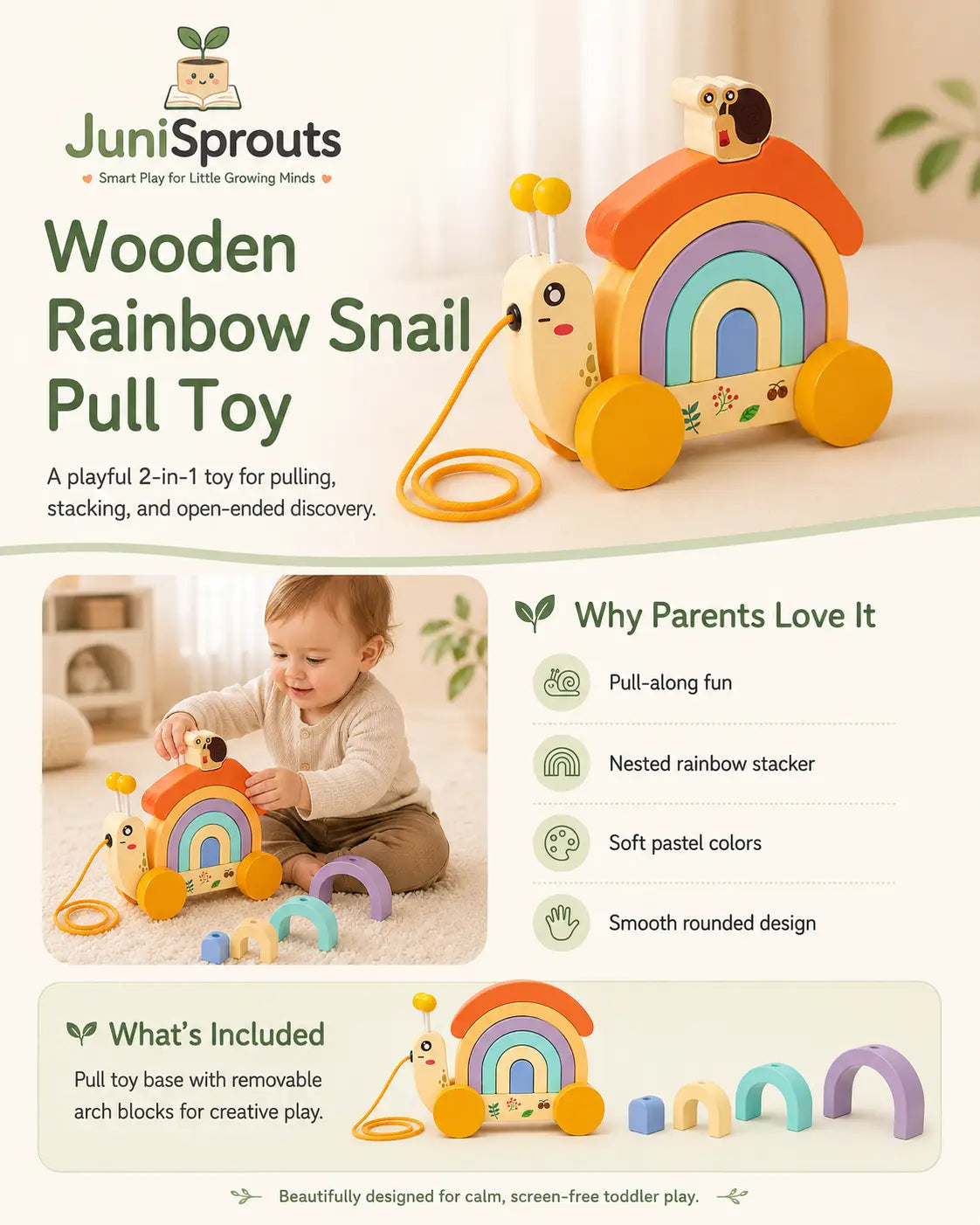 Wooden snail pull-along rainbow stacker shown three ways — pull toy, stacking arches and building blocks, a Montessori toy for toddlers ages 1 and up.