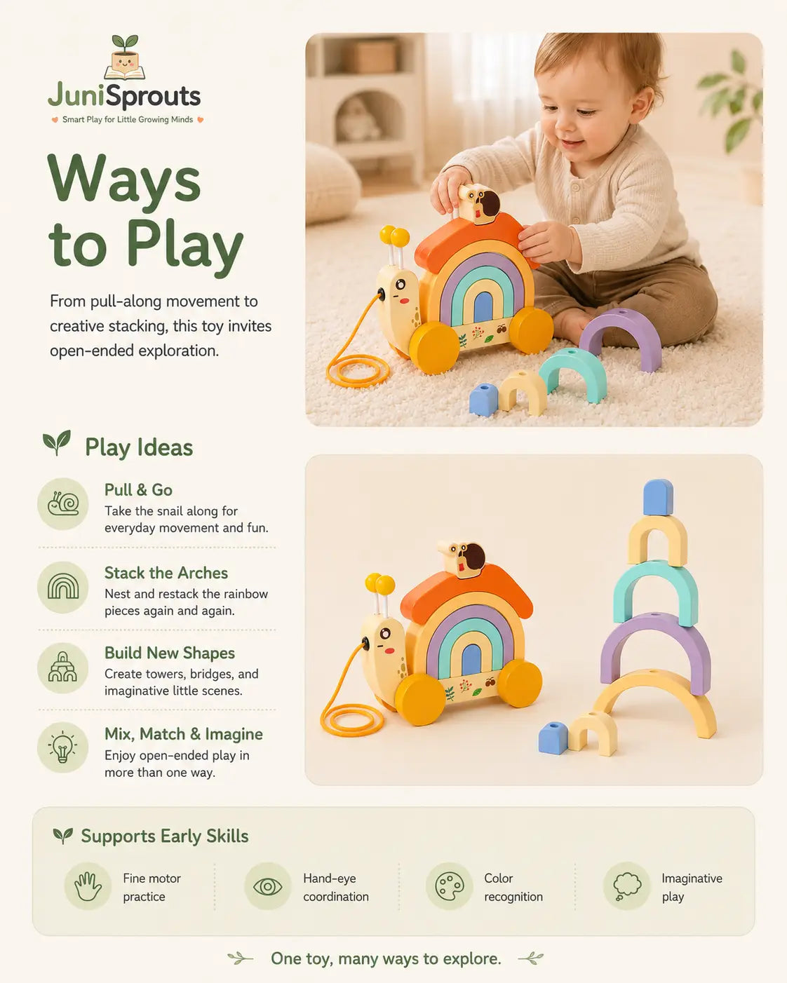 Toddler playing with the wooden snail rainbow stacker, a Montessori toy supporting fine motor skills, balance, color sorting and pretend play, ages 1+.