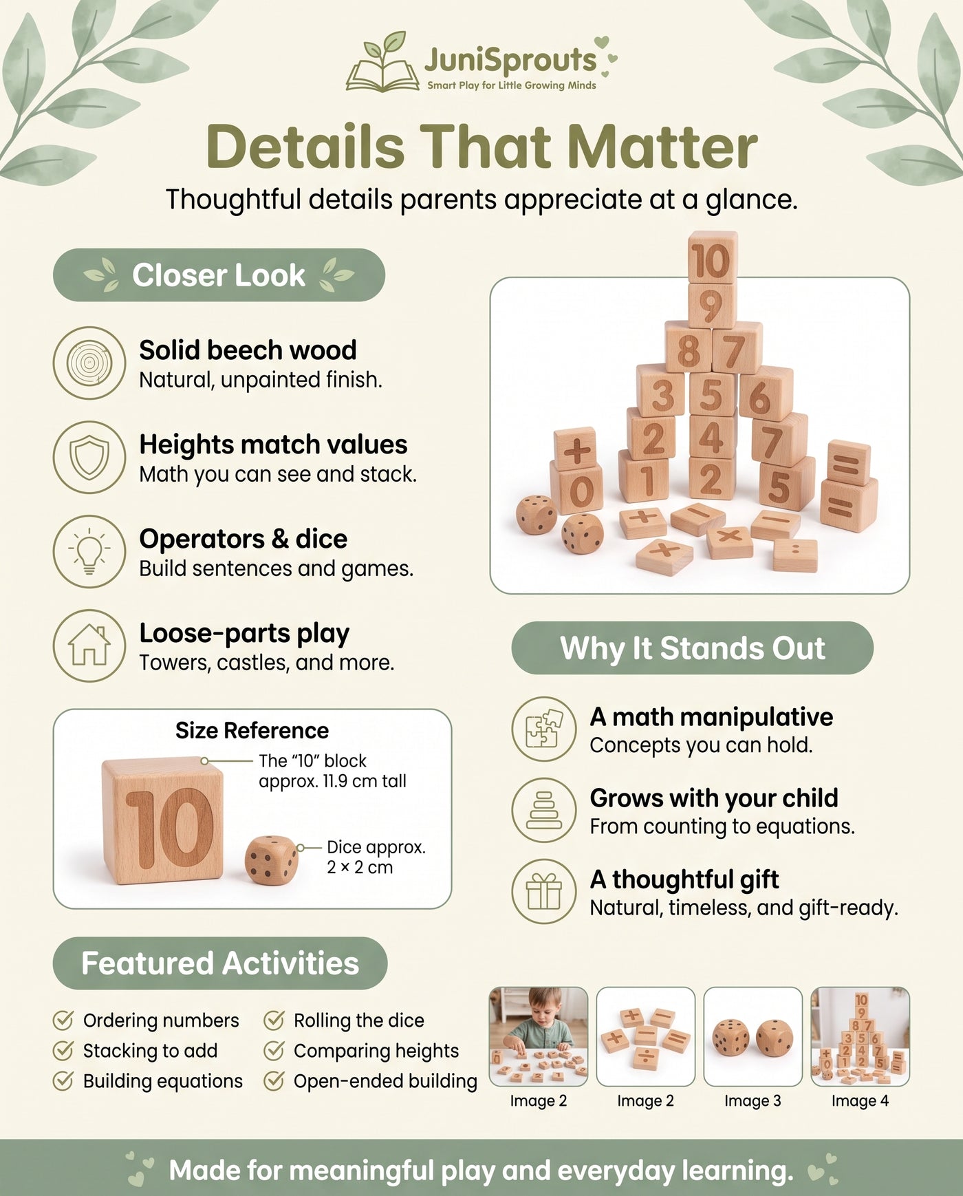 Wooden Stacking Number Blocks details and size reference