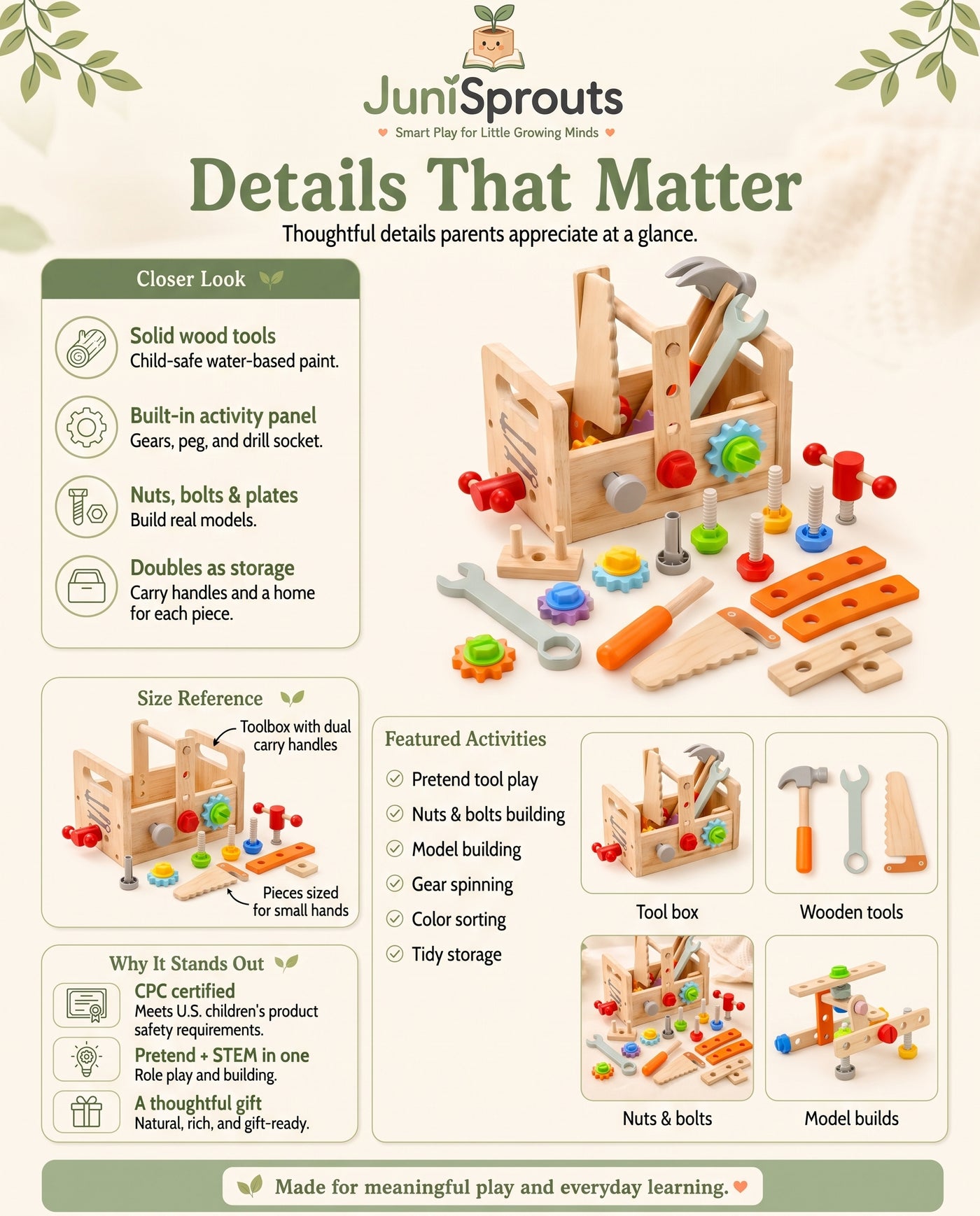 Wooden Toddler Tool Box details and size reference