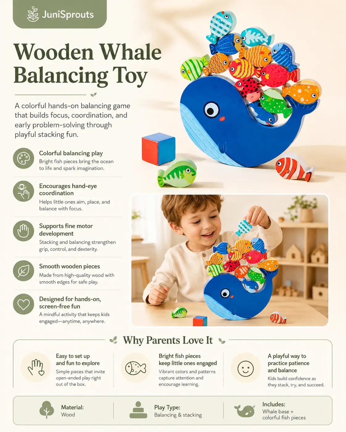 Wooden whale balancing toy with 14 colorful fish pieces and a rocking whale base, a Montessori-inspired stacking game for children ages 3 and up.