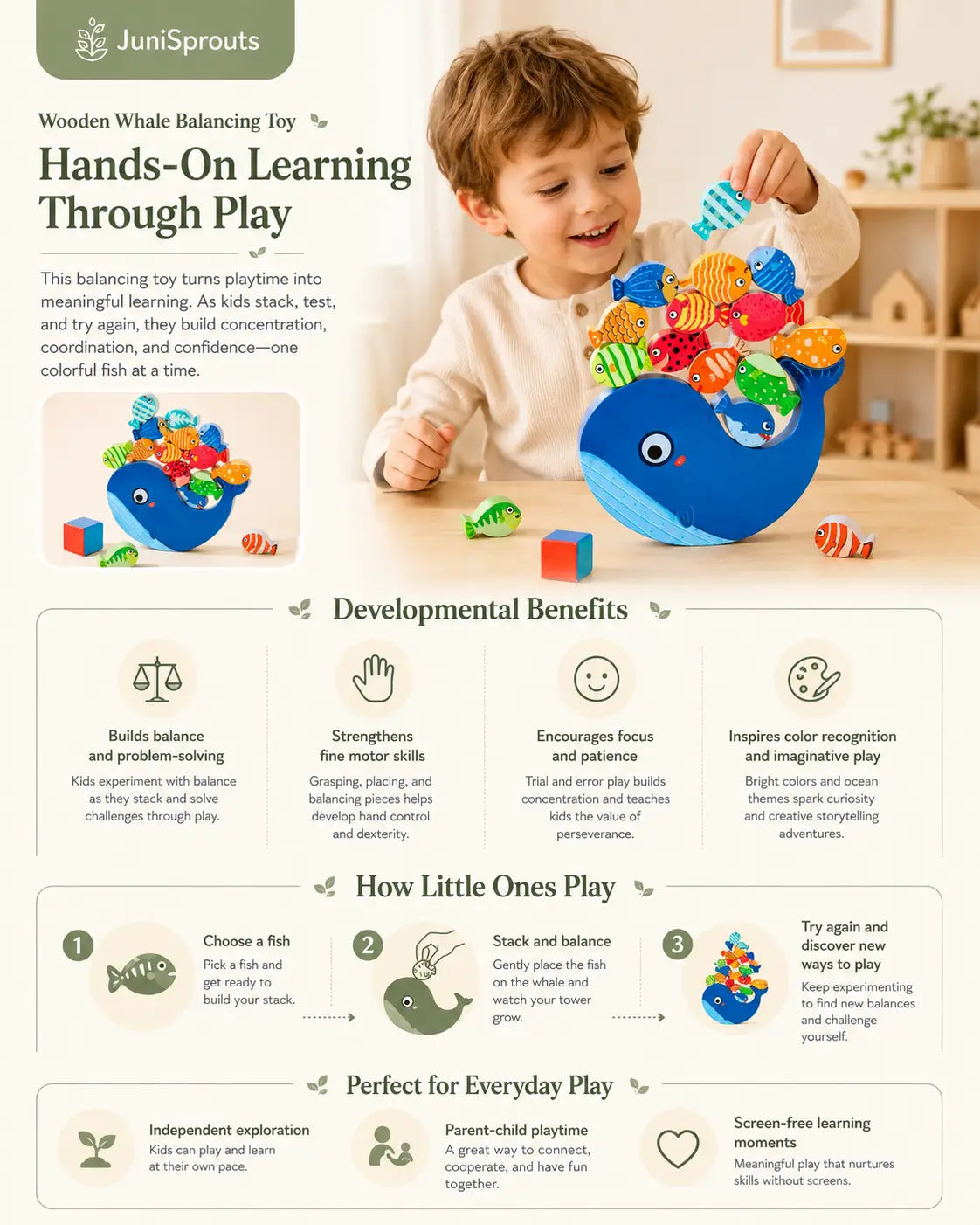Child stacking wooden fish on the whale balancing toy, supporting fine motor skills, balance, patience and color recognition for ages 3 and up.