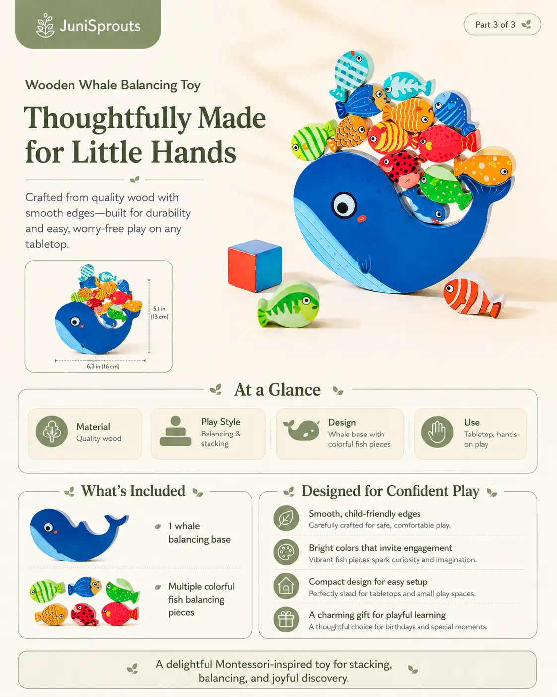 Close-up details of the wooden whale balancing toy — solid wood build, painted fish pieces and curved rocking base, with care and age guidance for ages 3+.