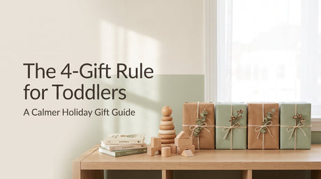 Blog cover reading The 4-Gift Rule for Toddlers, A Calmer Holiday Gift Guide, with four kraft-wrapped gifts, wooden toddler toys, and board books