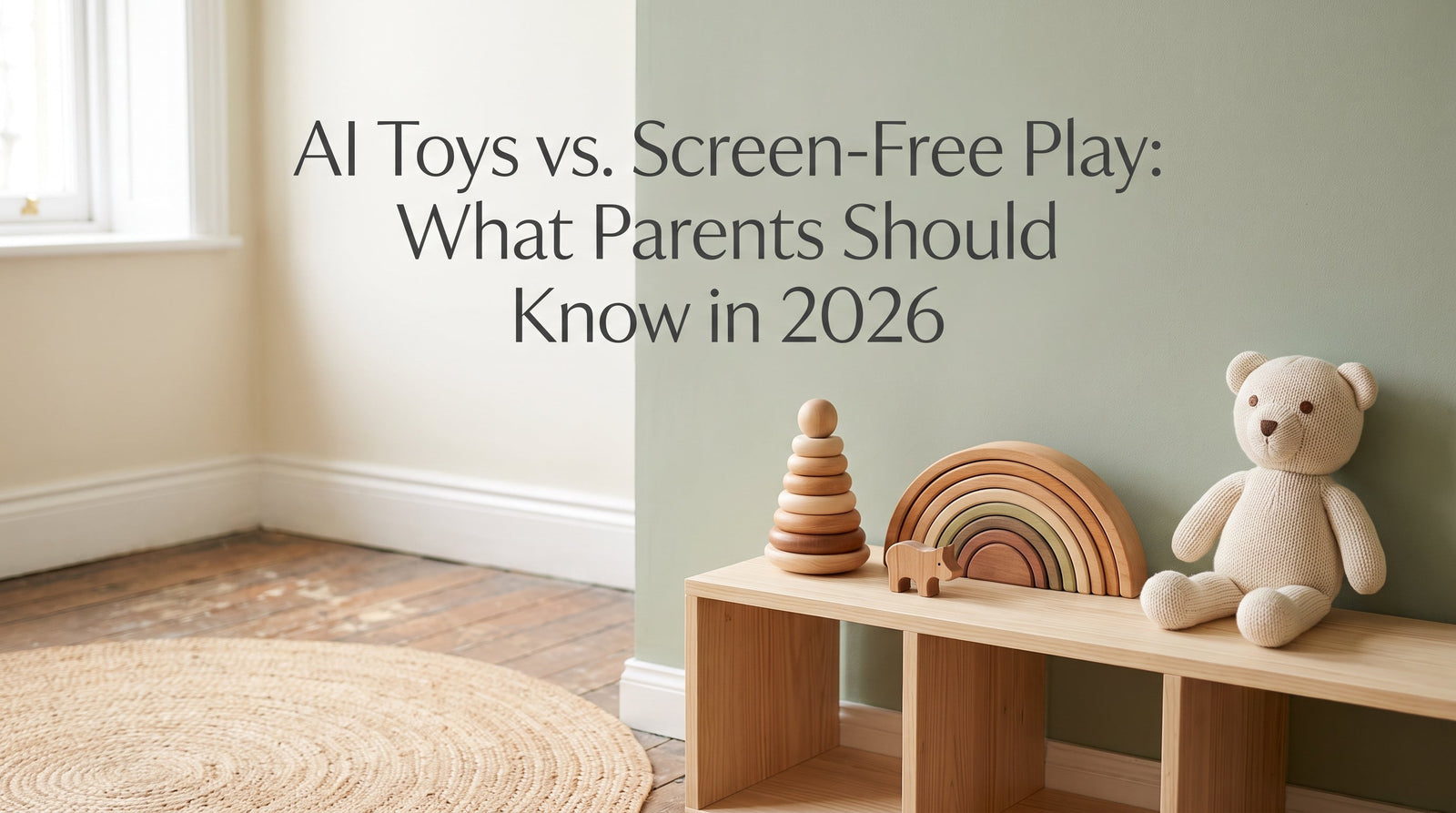 AI toys vs screen-free wooden toddler toys — cover image for JuniSprouts article on AI companion toys and what parents should know in 2026