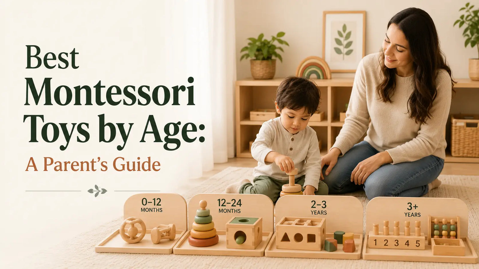 Natural wooden Montessori toys grouped by age on a cream background — the best Montessori toys for babies, toddlers, and preschoolers.