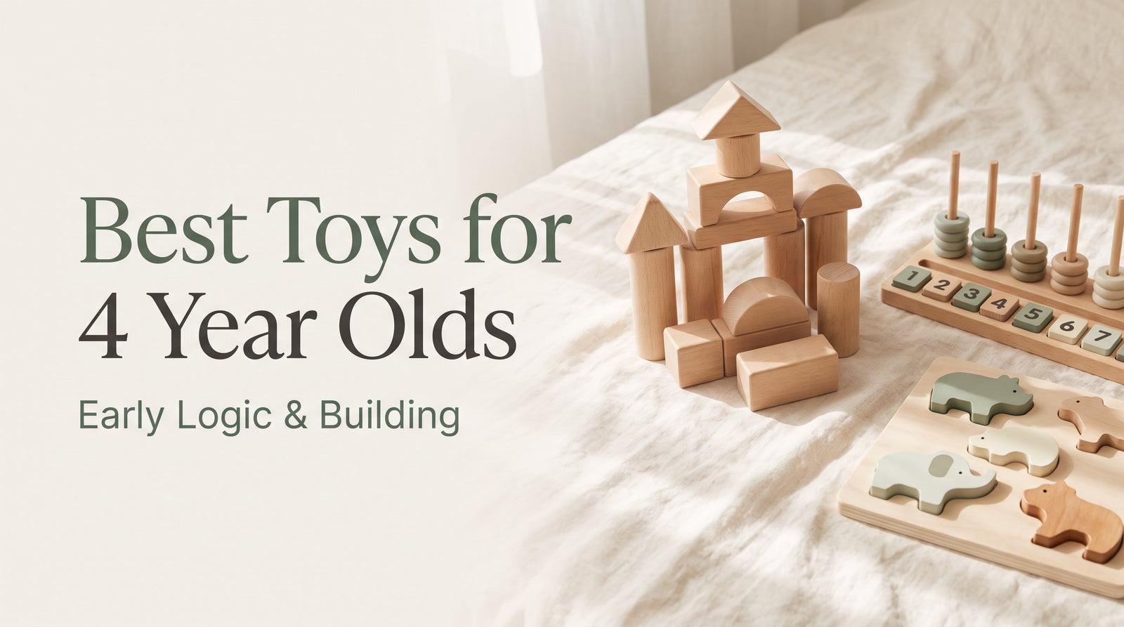 Best Toys for 4 Year Olds — natural wooden Montessori building and counting toys in cream and sage tones