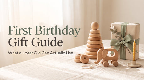 First Birthday Gift Guide — natural wooden Montessori toys in cream and sage tones