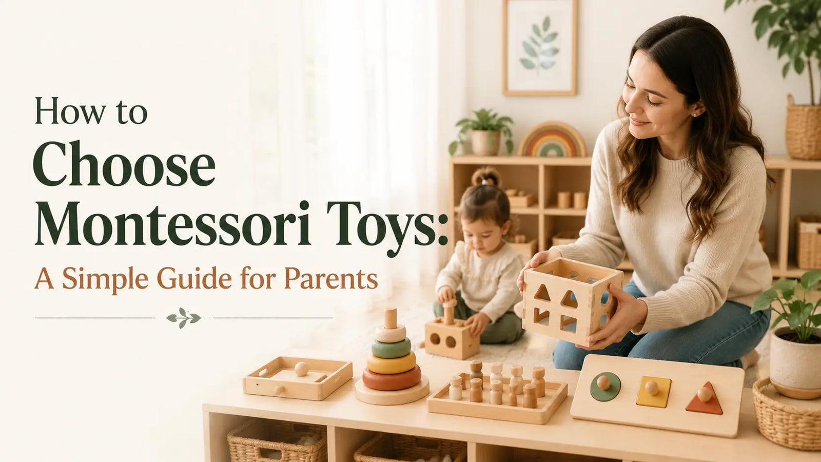 Natural wooden Montessori toys arranged on a cream background, illustrating a parent's guide to choosing the best Montessori toys by age.