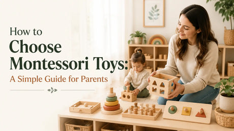 Natural wooden Montessori toys arranged on a cream background, illustrating a parent's guide to choosing the best Montessori toys by age.