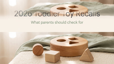 Wooden shape sorter and smooth wooden shapes on cream and sage cloth, JuniSprouts theme, headline '2026 Toddler Toy Recalls'