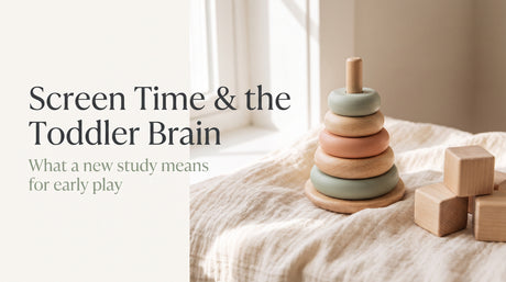 Wooden stacking toy and natural wood blocks on cream linen, JuniSprouts theme, headline 'Screen Time & the Toddler Brain'