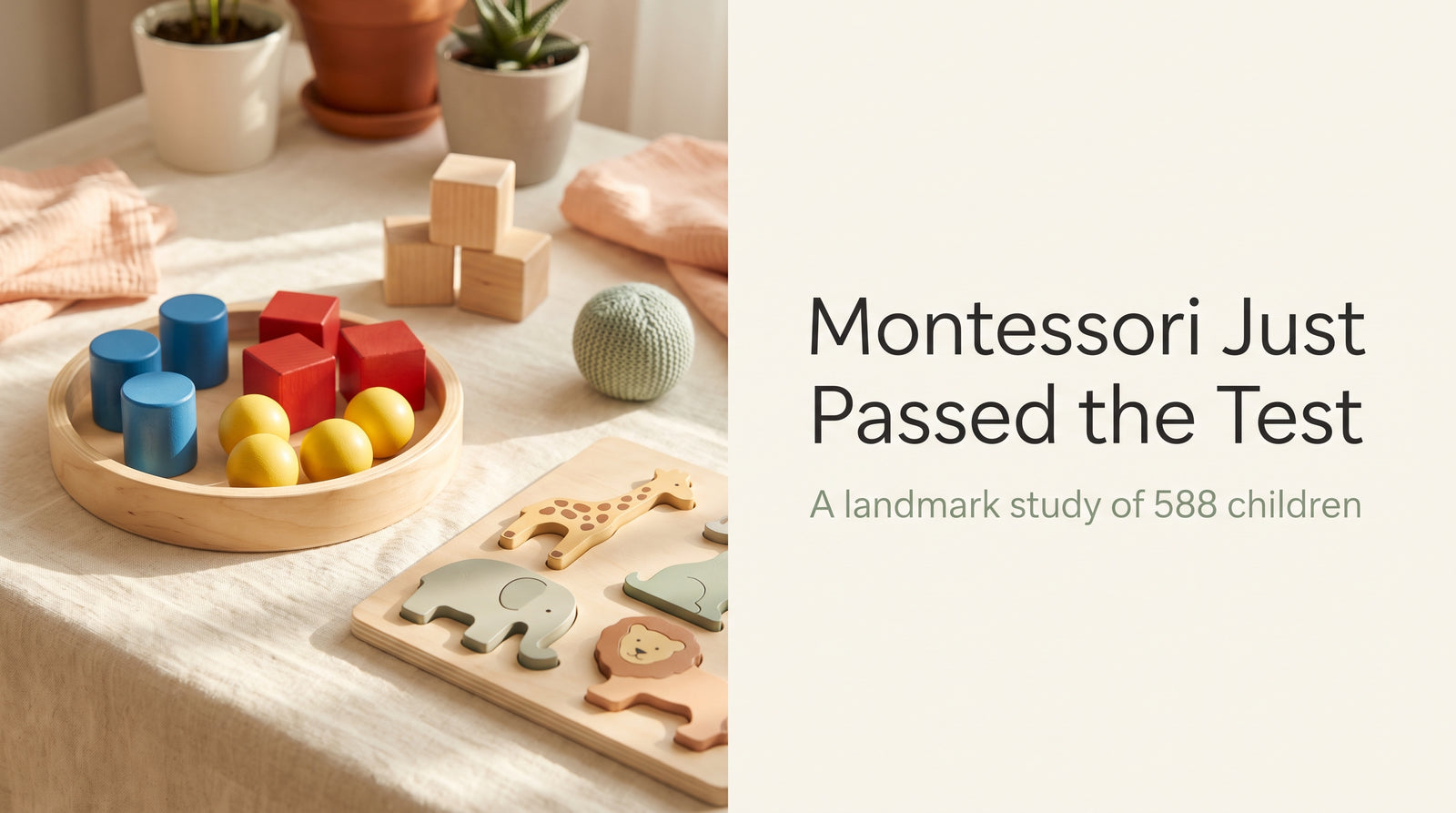Wooden Montessori sorting tray and puzzle in a sunlit playroom, JuniSprouts theme, headline 'Montessori Just Passed the Test'
