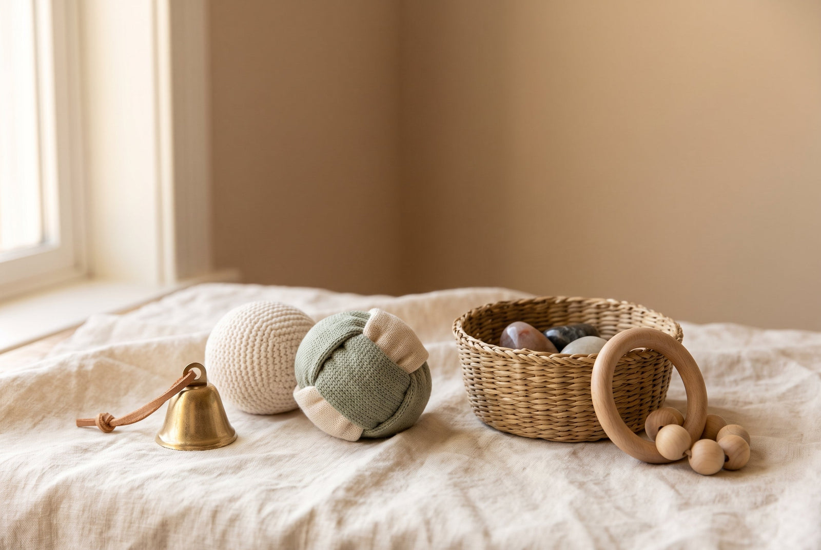Natural non-wood Montessori materials including a metal bell, cotton ball, fabric grasping toy and woven basket beside one wooden toy on cream linen