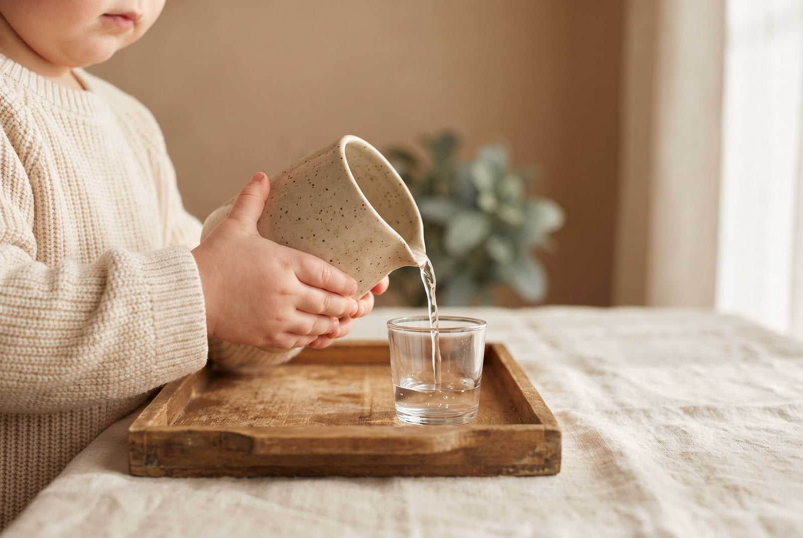 A toddler's hands pouring water from a small child-sized pitcher into a glass on a wooden tray, a practical-life activity