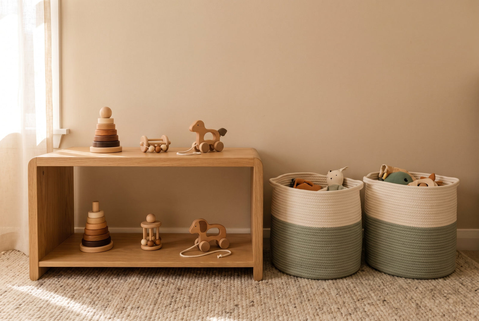 A minimal wooden shelf showing a few displayed toys beside two woven storage baskets of rotated toys