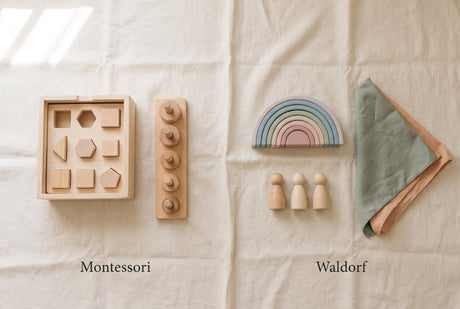 Flat-lay comparing Montessori wooden toys with pastel Waldorf-style wooden rainbow toys on cream linen