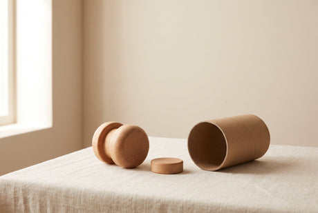 A chunky safe wooden toy beside a small coin-sized wooden disc and a simple open tube, illustrating the small-parts choke test