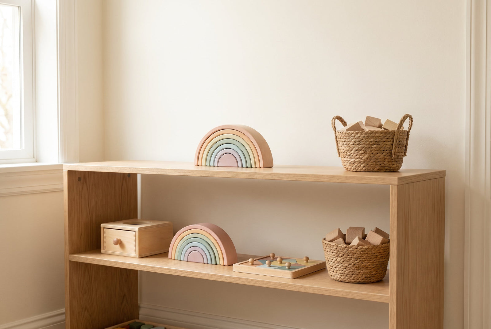 A low wooden Montessori shelf styled with natural wooden toddler toys in a calm cream nursery