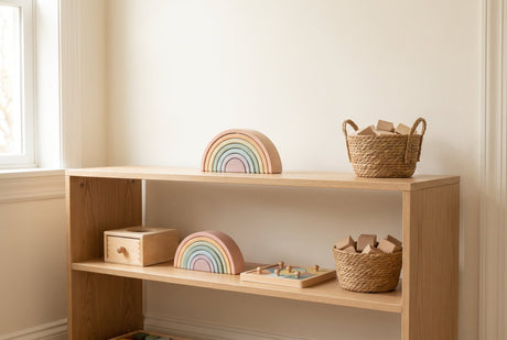 A low wooden Montessori shelf styled with natural wooden toddler toys in a calm cream nursery