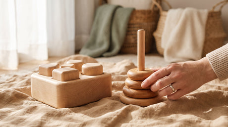 Close-up of a solid wooden Montessori stacker and sorter with smooth non-toxic finish held in a parent's hand