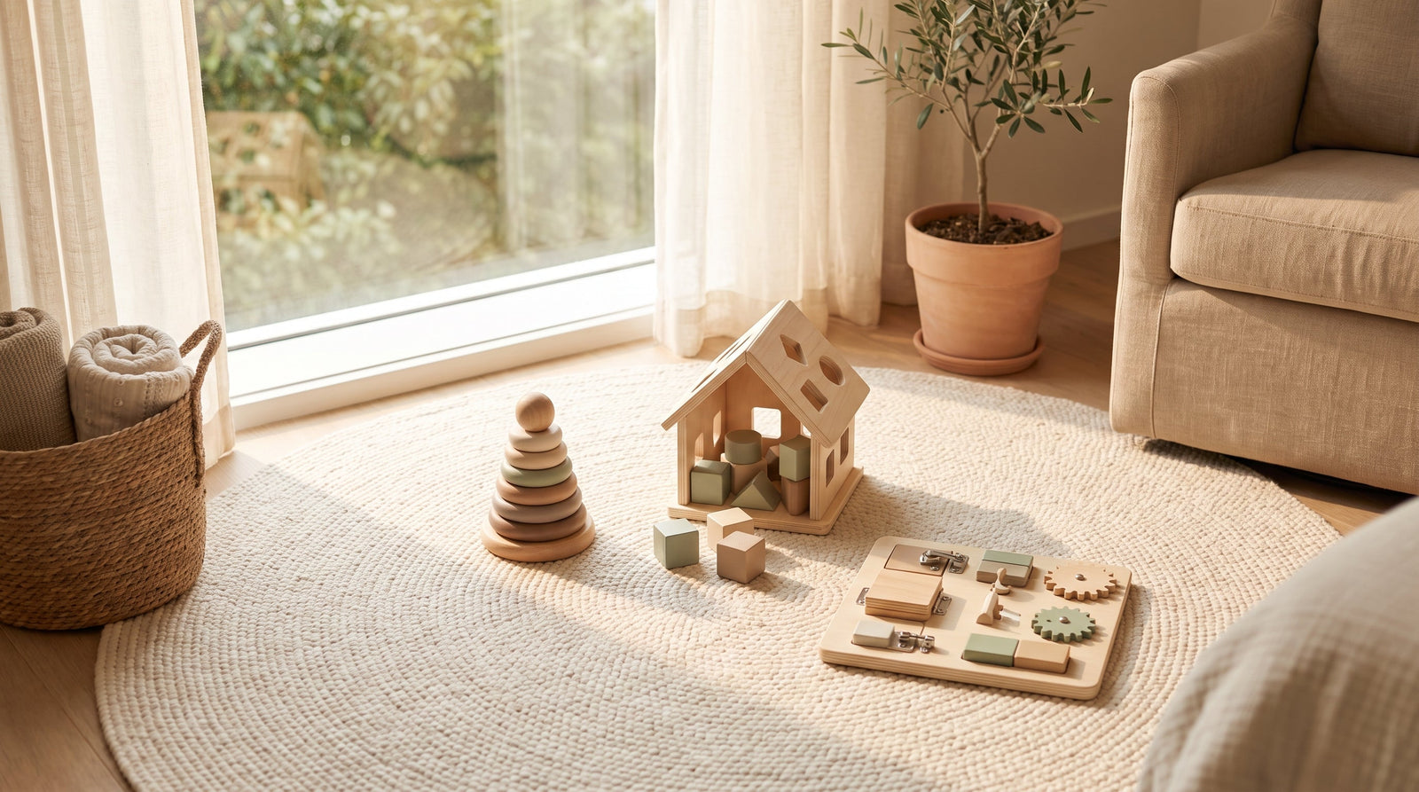 Wooden Montessori stacking toy, shape sorter, and busy board arranged for screen-free toddler play on a soft cream rug