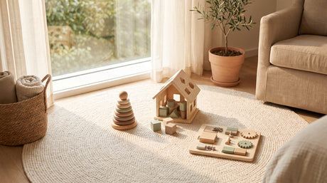 Wooden Montessori stacking toy, shape sorter, and busy board arranged for screen-free toddler play on a soft cream rug