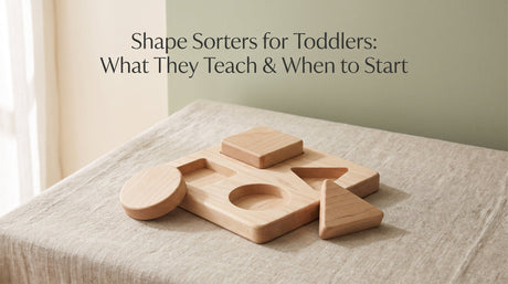 Shape Sorters for Toddlers blog cover with a wooden shape sorter toy and the article title
