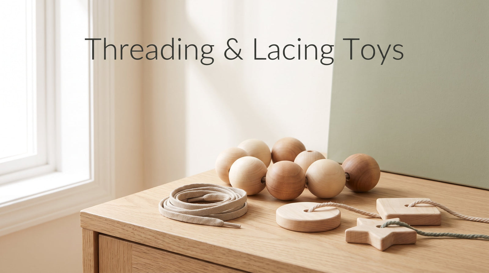 Threading and lacing toys blog cover with wooden beads and lace on a cream and sage background