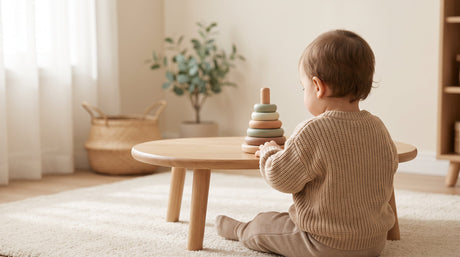 A toddler quietly absorbed in a single wooden toy in a calm, minimal room