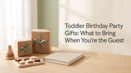 Toddler birthday party gift guide cover: kraft-wrapped gifts, a wooden stacker, a wooden puzzle, and a picture book on a light wood table