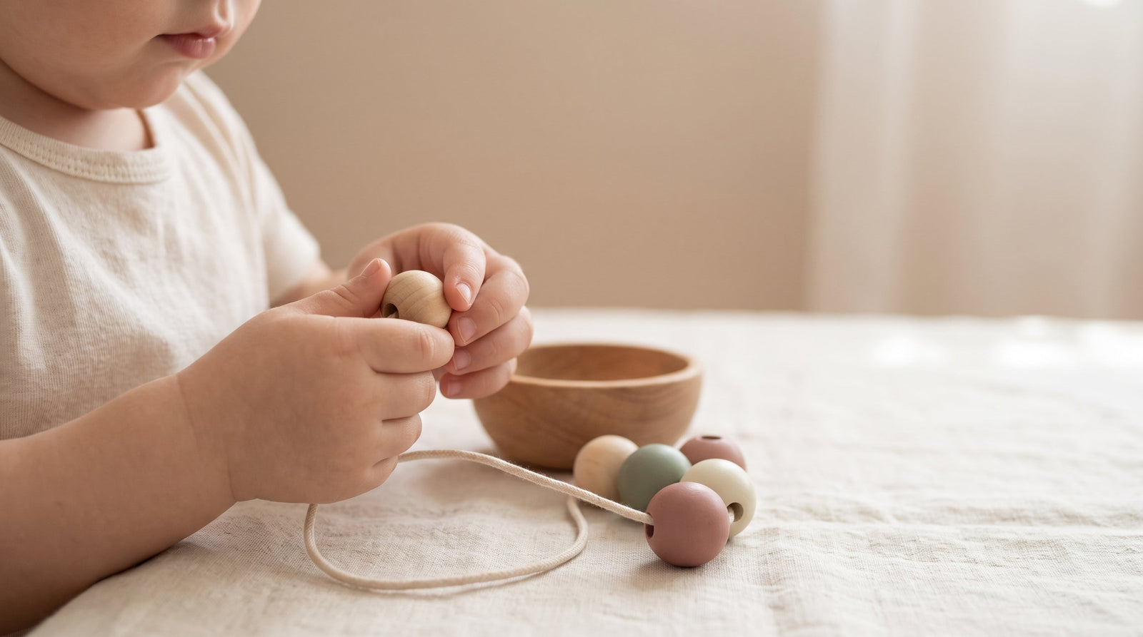 Toddler's hands threading a natural wooden lacing bead onto a cord in Montessori fine motor play
