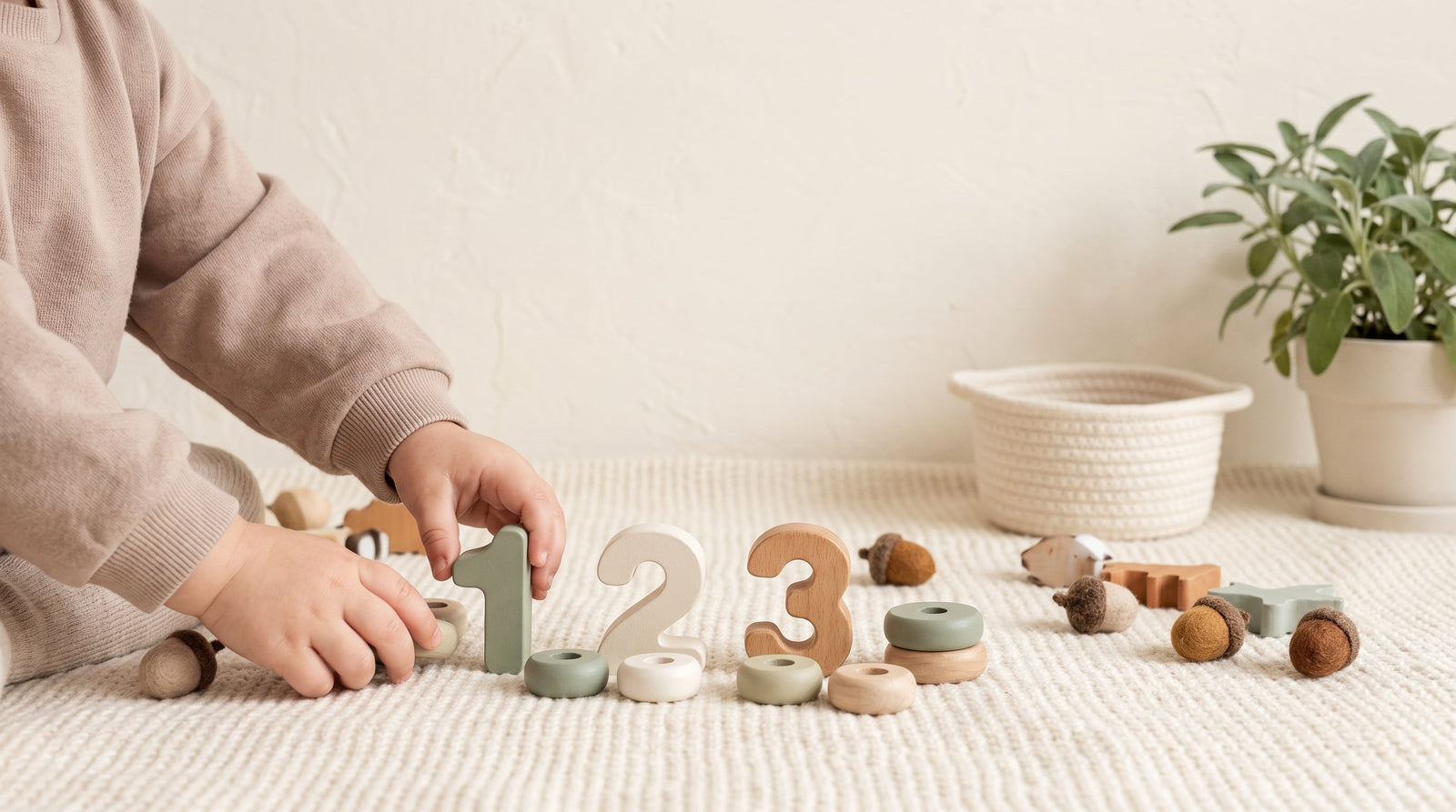 Toddler's hands arranging wooden number blocks and counting pieces in Montessori early-math play