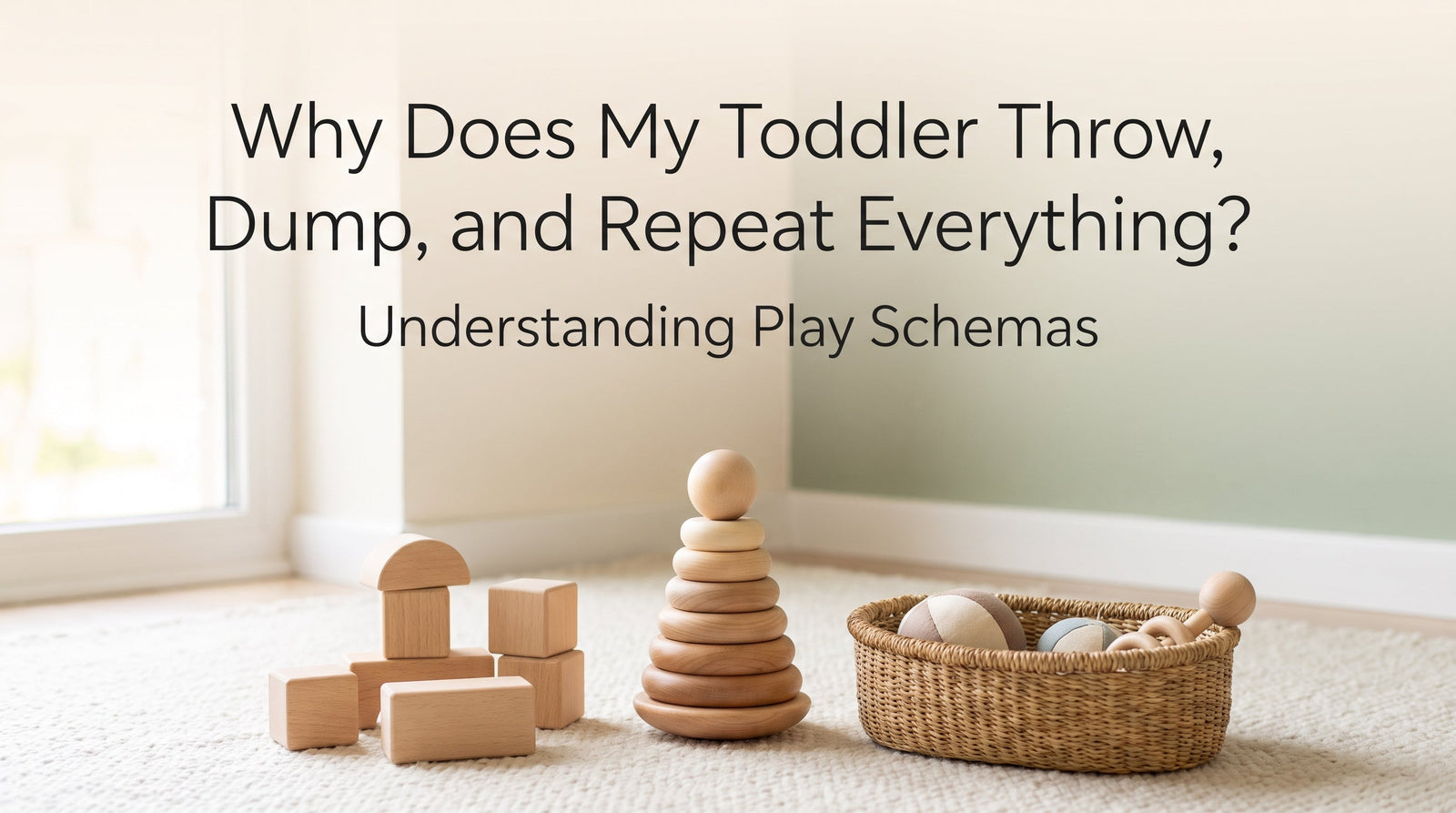 Blog cover: Why does my toddler throw, dump, and repeat everything? Understanding play schemas — wooden Montessori toddler toys on a cream and sage background
