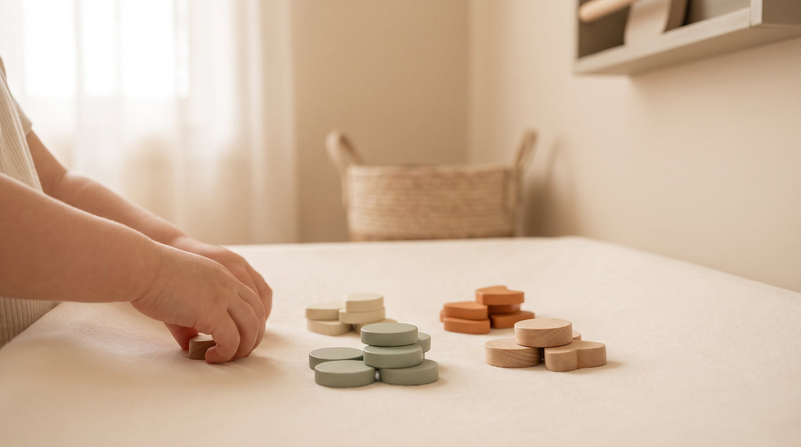 Toddler's hands sorting colored wooden pieces into groups by color in Montessori play