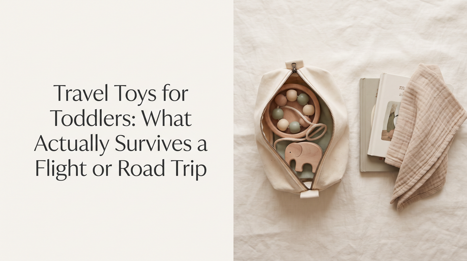Wooden travel toys for toddlers packed in a canvas pouch on cream linen, Montessori-inspired screen-free play for flights and road trips