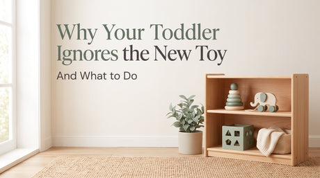 Why Your Toddler Ignores the New Toy — a tidy wooden Montessori toy shelf in cream and sage tones